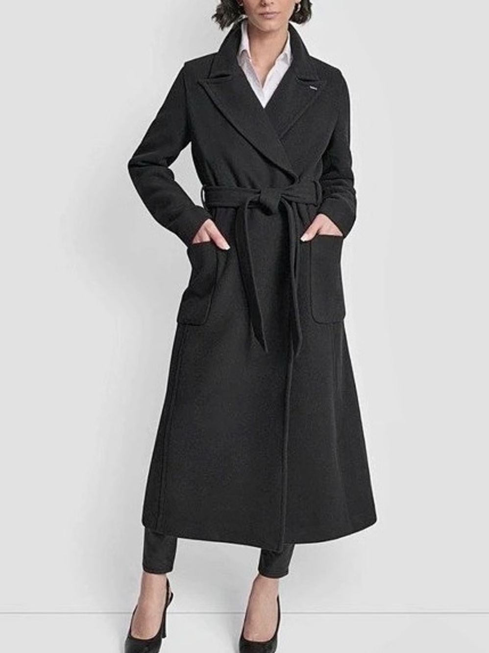 DKNY Women's Notch Collar Belted Wrap Coat Black